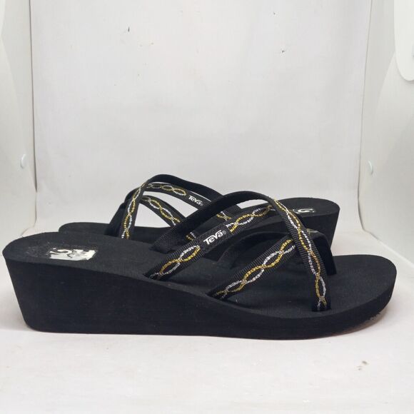 Teva Size 11 Mush Mandalyn Ola 2 Wedge Sandal-Strappy Thong-Gold/Black-Comfort - Picture 3 of 8
